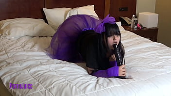 Teens sucks on massive black dildo