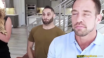 Hortny blonde milf trying to handle two dudes