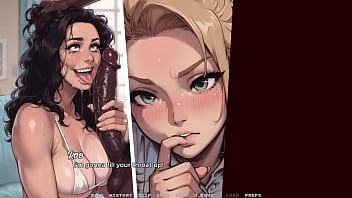 Big black cock fucks stepmom while blonde teen watches hentai game