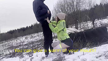 My cute girlfriend gets fucked in public in the snow