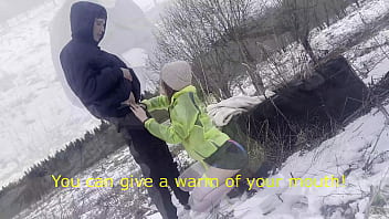 My cute girlfriend gets fucked in public in the snow