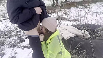 My cute girlfriend gets fucked in public in the snow