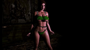 Thick counterpart of lara croft in bikini demonstrates her wet shapes in dungeon