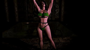 Thick counterpart of lara croft in bikini demonstrates her wet shapes in dungeon