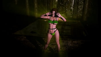 Thick counterpart of lara croft in bikini demonstrates her wet shapes in dungeon