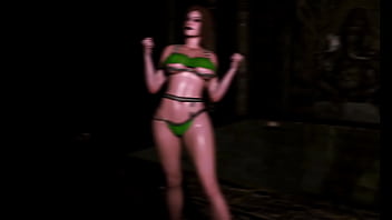 Thick counterpart of lara croft in bikini demonstrates her wet shapes in dungeon