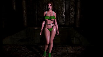 Thick counterpart of lara croft in bikini demonstrates her wet shapes in dungeon Thick counterpart of lara croft in bikini demonstrates her wet shapes in dungeon