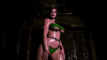 Thick counterpart of lara croft in bikini demonstrates her wet shapes in dungeon