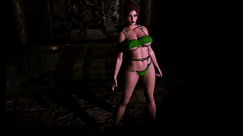Thick counterpart of lara croft in bikini demonstrates her wet shapes in dungeon
