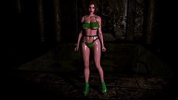 Thick counterpart of lara croft in bikini demonstrates her wet shapes in dungeon