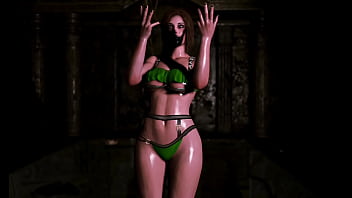 Thick counterpart of lara croft in bikini demonstrates her wet shapes in dungeon