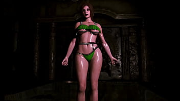 Thick counterpart of lara croft in bikini demonstrates her wet shapes in dungeon