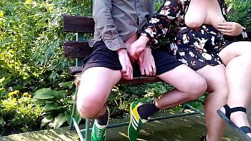 Curvy step mother flashed her natural tits in a public park and made her step son cum