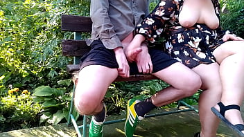 Curvy step mother flashed her natural tits in a public park and made her step son cum