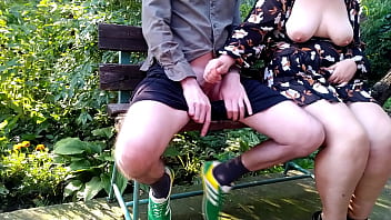 Curvy step mother flashed her natural tits in a public park and made her step son cum