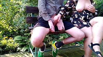 Curvy step mother flashed her natural tits in a public park and made her step son cum