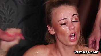 Wacky honey gets cumshot on her face sucking all the jism