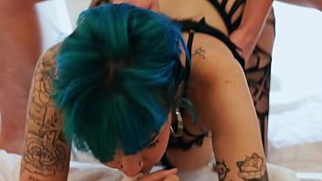 Big titty goth girl in black spiderweb lingerie suck n' fuck quickie