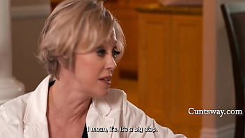 Busty milf comforts stepdaughter who is sad that her tits are too small