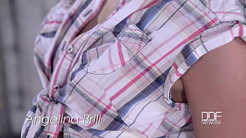 College brunette shows off ass while doing chore