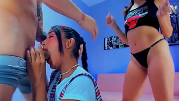 Double blowjobs from two stepsisters with the neighbor