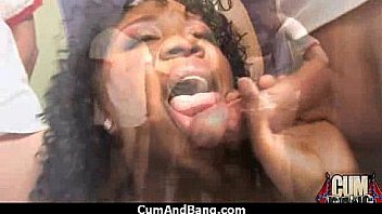Black chick deepthroats a group of white studs and gets rewarded with cum 23