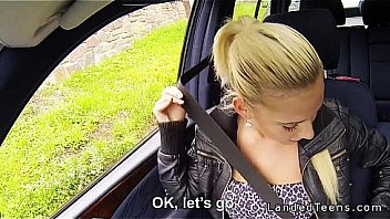 Blonde amateur hitchhiker bangs in car pov