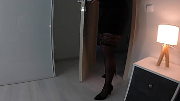 Lustful neighbor slut in black stockings moans passionately when sucking cock and receiving cum in mouth amateur pov blowjob