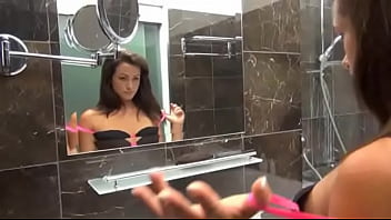 Hard dildoing of brunette american babe