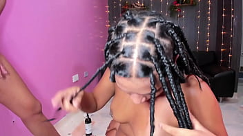 Two ruthless brunette girls bury their heads in his cock down to their throats