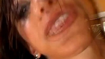 Busty brunette takes three guys