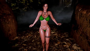 Mature sexy lara croft alone seductively posing in microbikini at thicket