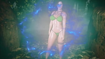 Mature sexy lara croft alone seductively posing in microbikini at thicket