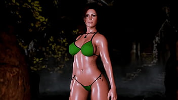 Mature sexy lara croft alone seductively posing in microbikini at thicket
