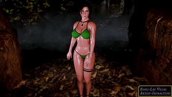 Mature sexy lara croft alone seductively posing in microbikini at thicket