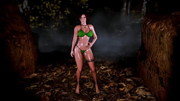 Mature sexy lara croft alone seductively posing in microbikini at thicket