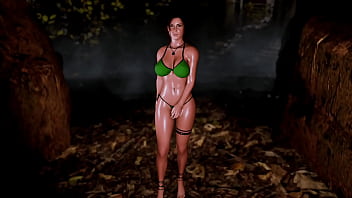 Mature sexy lara croft alone seductively posing in microbikini at thicket