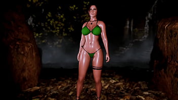 Mature sexy lara croft alone seductively posing in microbikini at thicket
