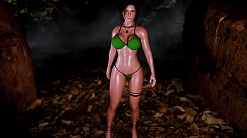 Mature sexy lara croft alone seductively posing in microbikini at thicket
