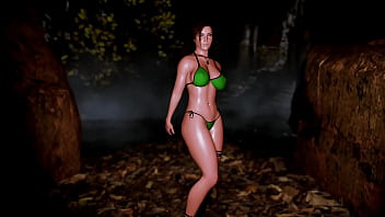 Mature sexy lara croft alone seductively posing in microbikini at thicket