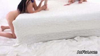 Lesbo girl gets her smooth quim and butt hole fist fucked