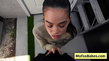 Big boobed black haired teenager gives wet blowjob like a pro