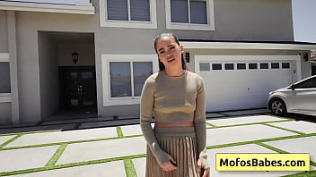 Big boobed black haired teenager gives wet blowjob like a pro