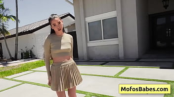 Big boobed black haired teenager gives wet blowjob like a pro