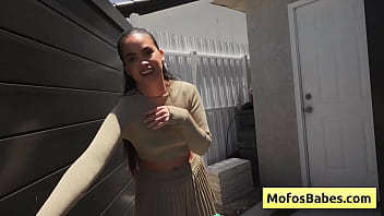 Big boobed black haired teenager gives wet blowjob like a pro