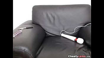 Horny busty brunette uses a dildo with a vibrator