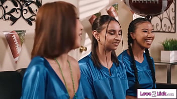 Busty blonde blake blossom won the bet and now her three gfs asian nicole doshi latin hailey rose and ebony ameena green will have to lick her pussy