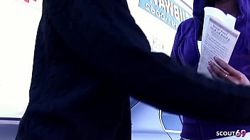 Very dark skin black girl with natural saggy tits pick up and seduce to fuck by big black cock stranger