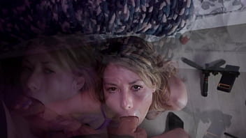 On my knees in purple lingerie for his load