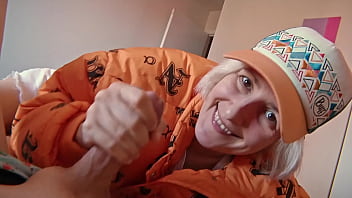 Handjob with cum on her face and mouth